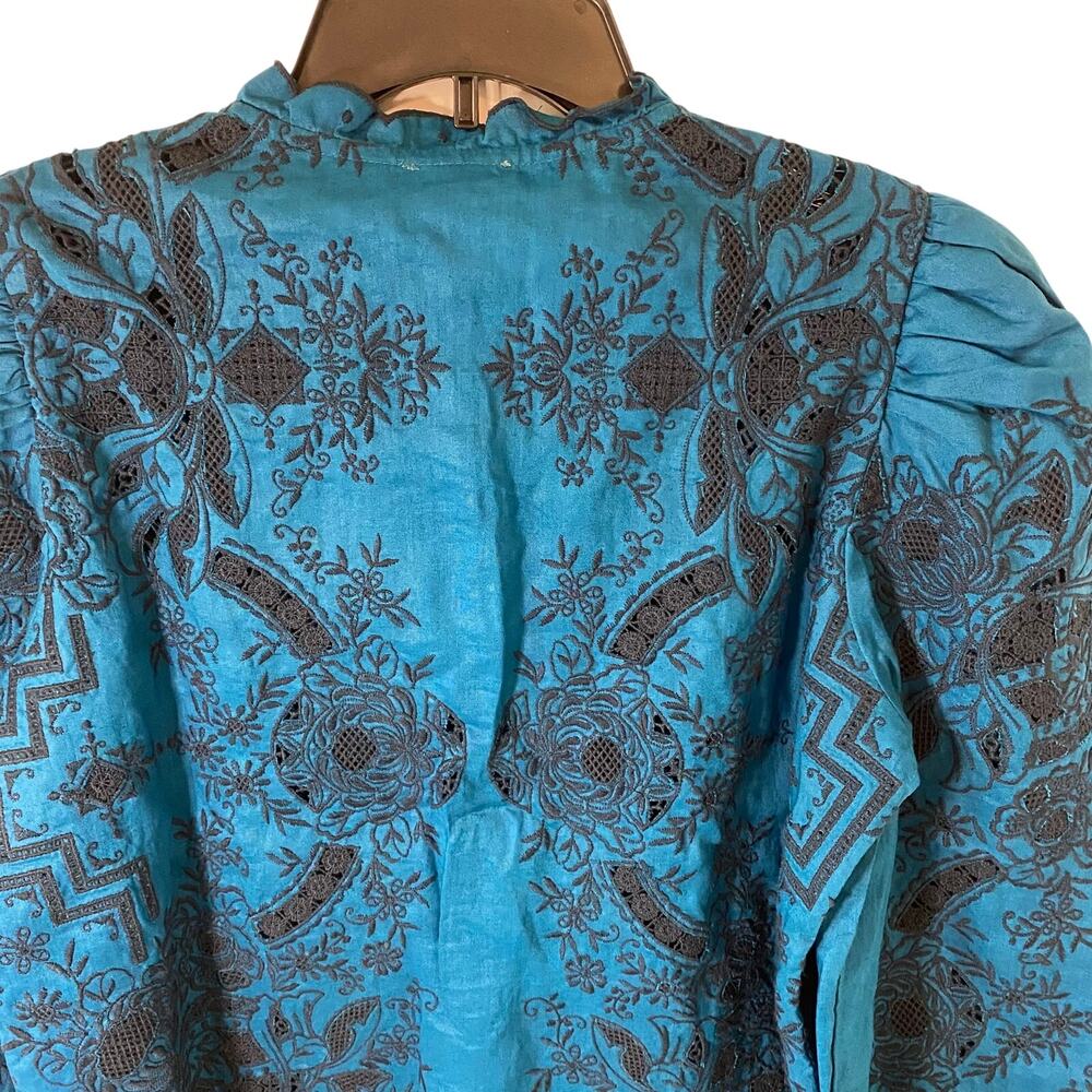 Sundance Teal & Black Floral Button-Front Blouse - Picture 7 of 11